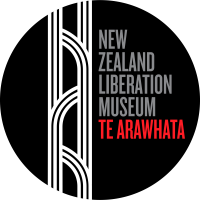 Black circle, containing Te Arawhata ladder image with museum name in red and grey
