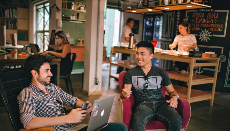 People talk business in a cafe